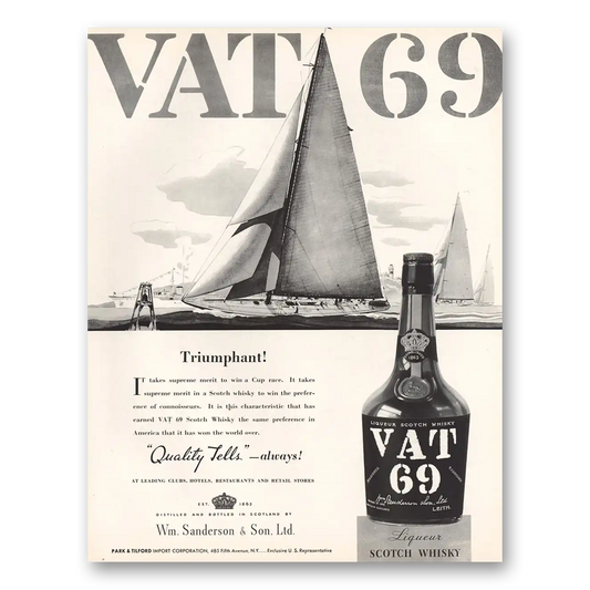 1934 VAT69 Triumphant Supreme Merit to Win a Cup Race Vintage Magazine Print Ad