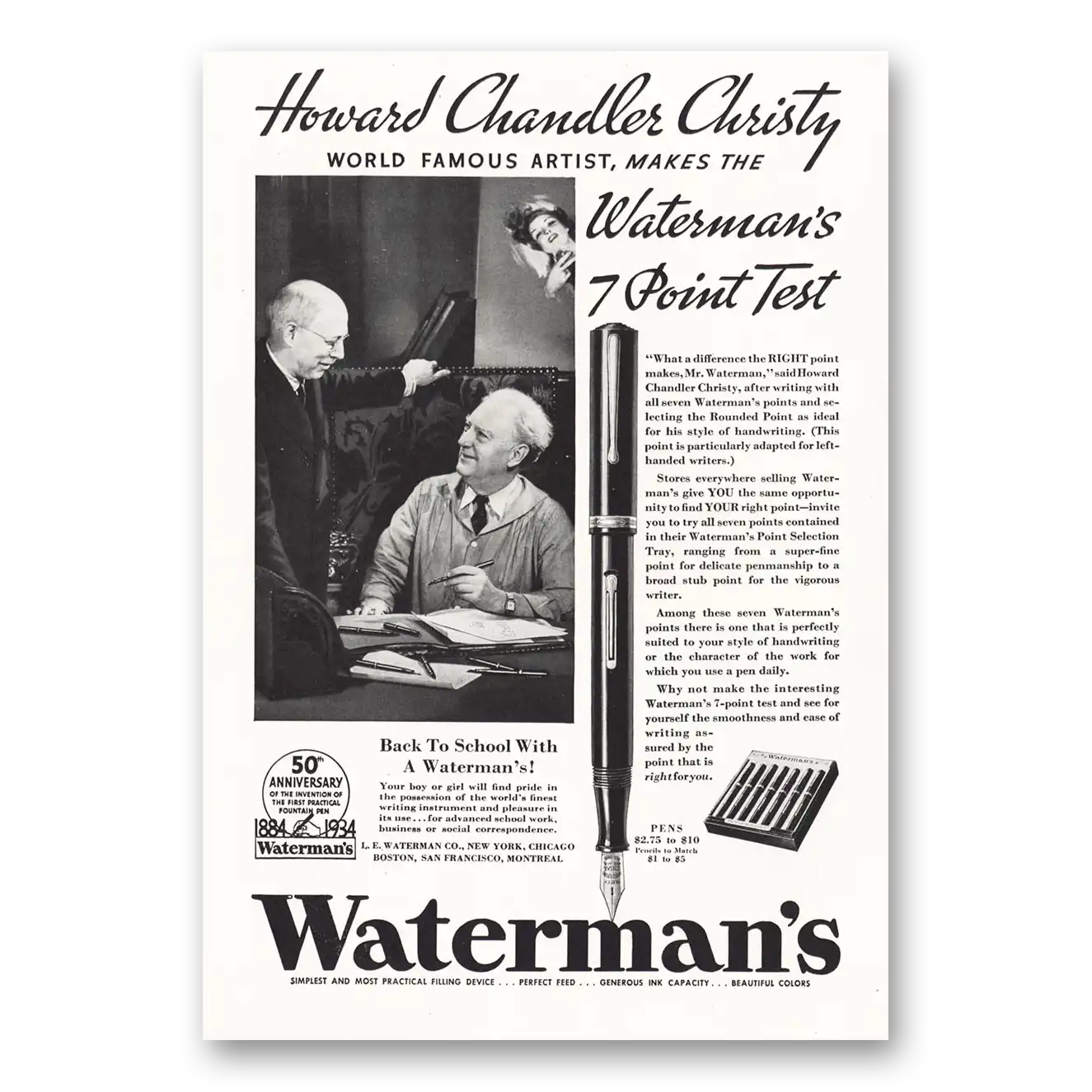 1934 Watermans Pen Howard Chandler Christy Vintage Magazine Print Ad