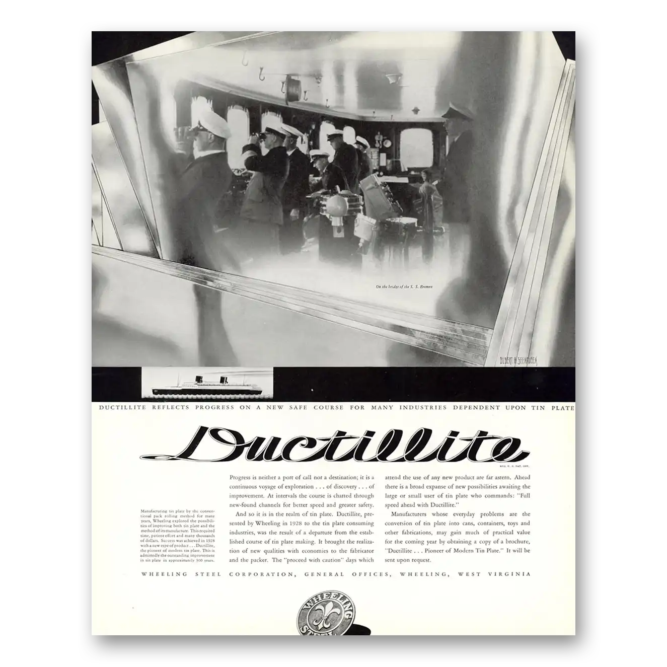 1934 Wheeling Steel Ductillite SS Bremen Vintage Magazine Print Ad