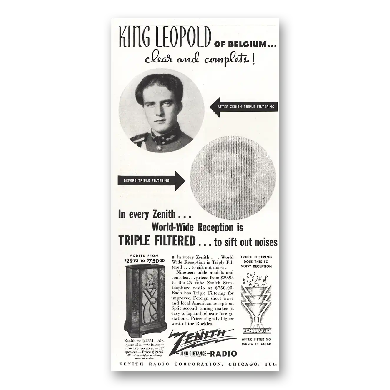 1934 Zenith Radio King Leopold of Belgium Vintage Magazine Print Ad