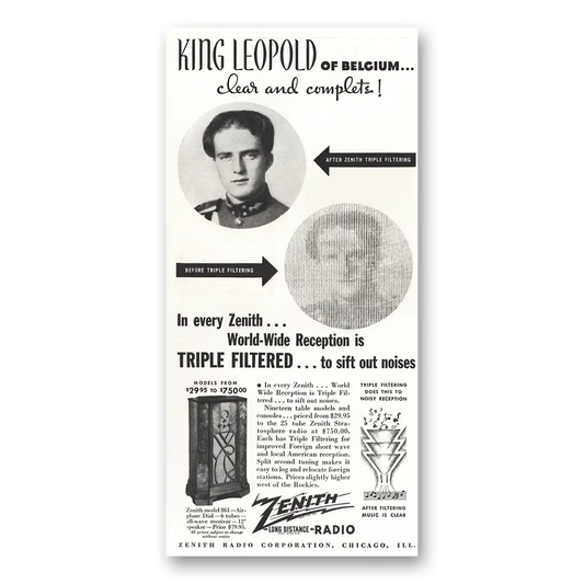 1934 Zenith Radio King Leopold of Belgium Vintage Magazine Print Ad