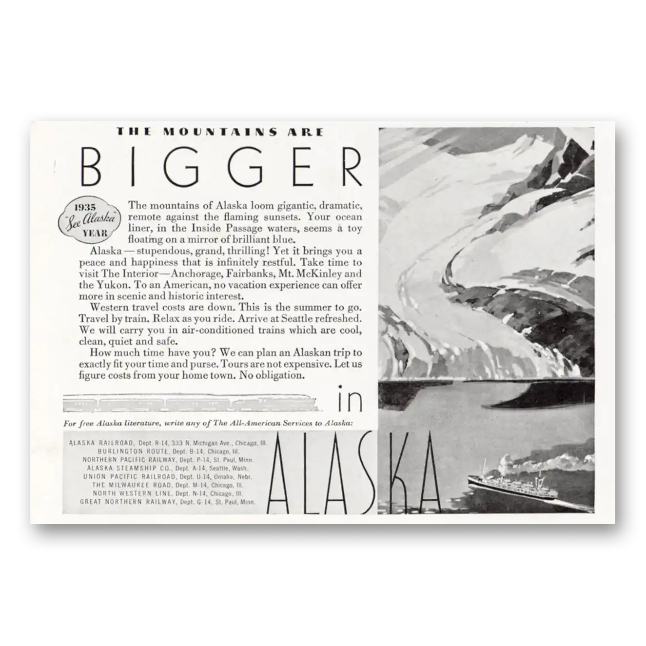 1935 Alaska Mountains Are Bigger Vintage Magazine Print Ad