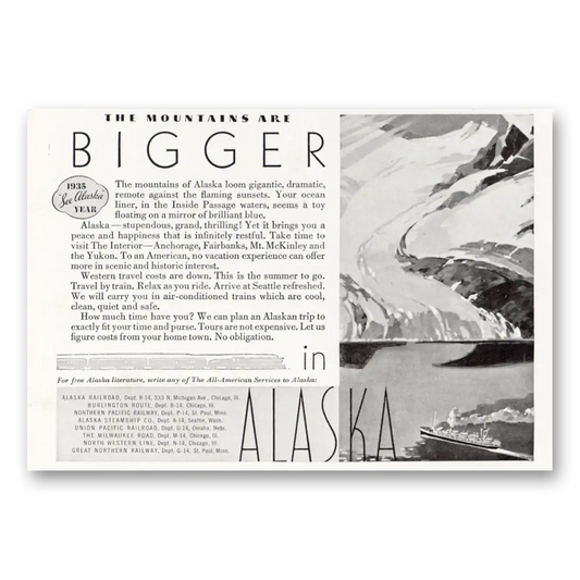 1935 Alaska Mountains Are Bigger Vintage Magazine Print Ad