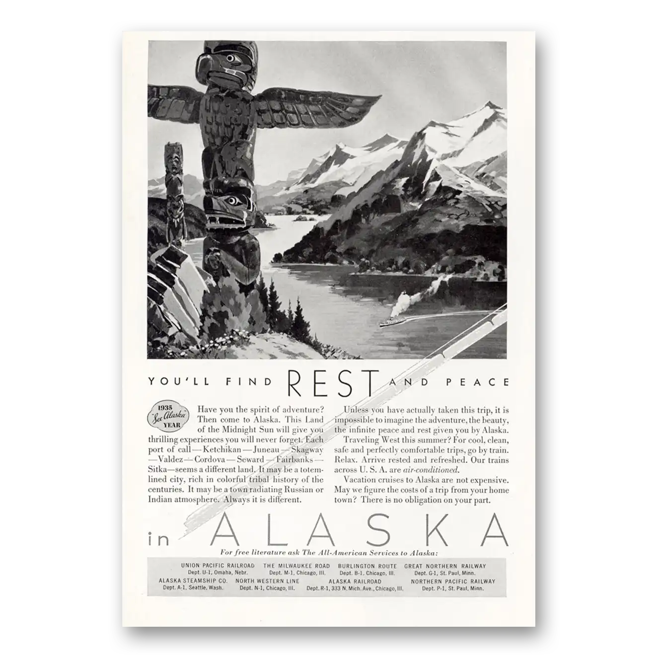 1935 Alaska Find Rest and Peace Vintage Magazine Print Ad