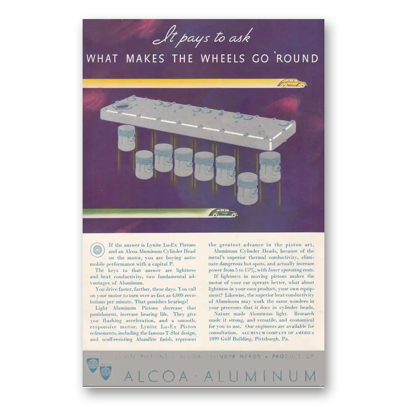 1935 Alcoa What Makes the Wheels Go Round Vintage Magazine Print Ad