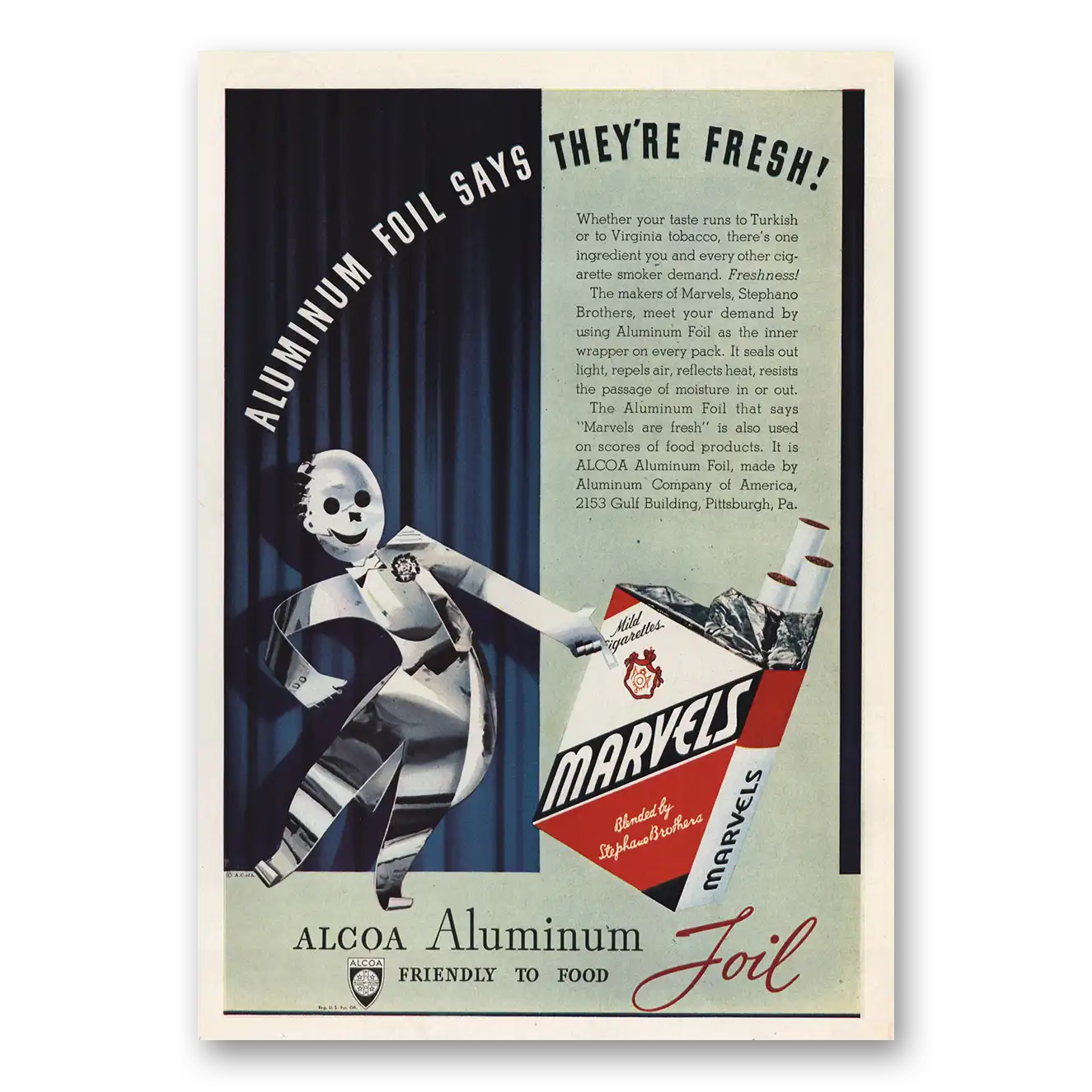 1939 Alcoa Foil Marvels Cigarettes Vintage Magazine Print Ad