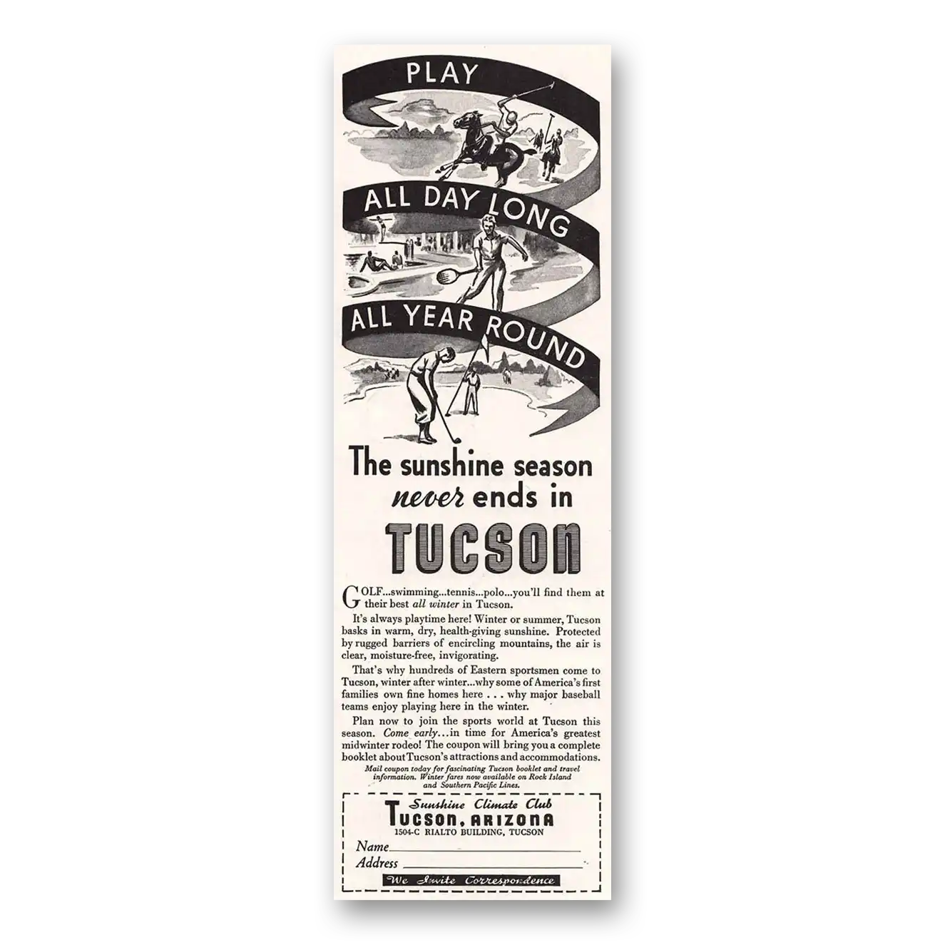 1935 Tucson Arizona Sunshine Never Ends Vintage Magazine Print Ad