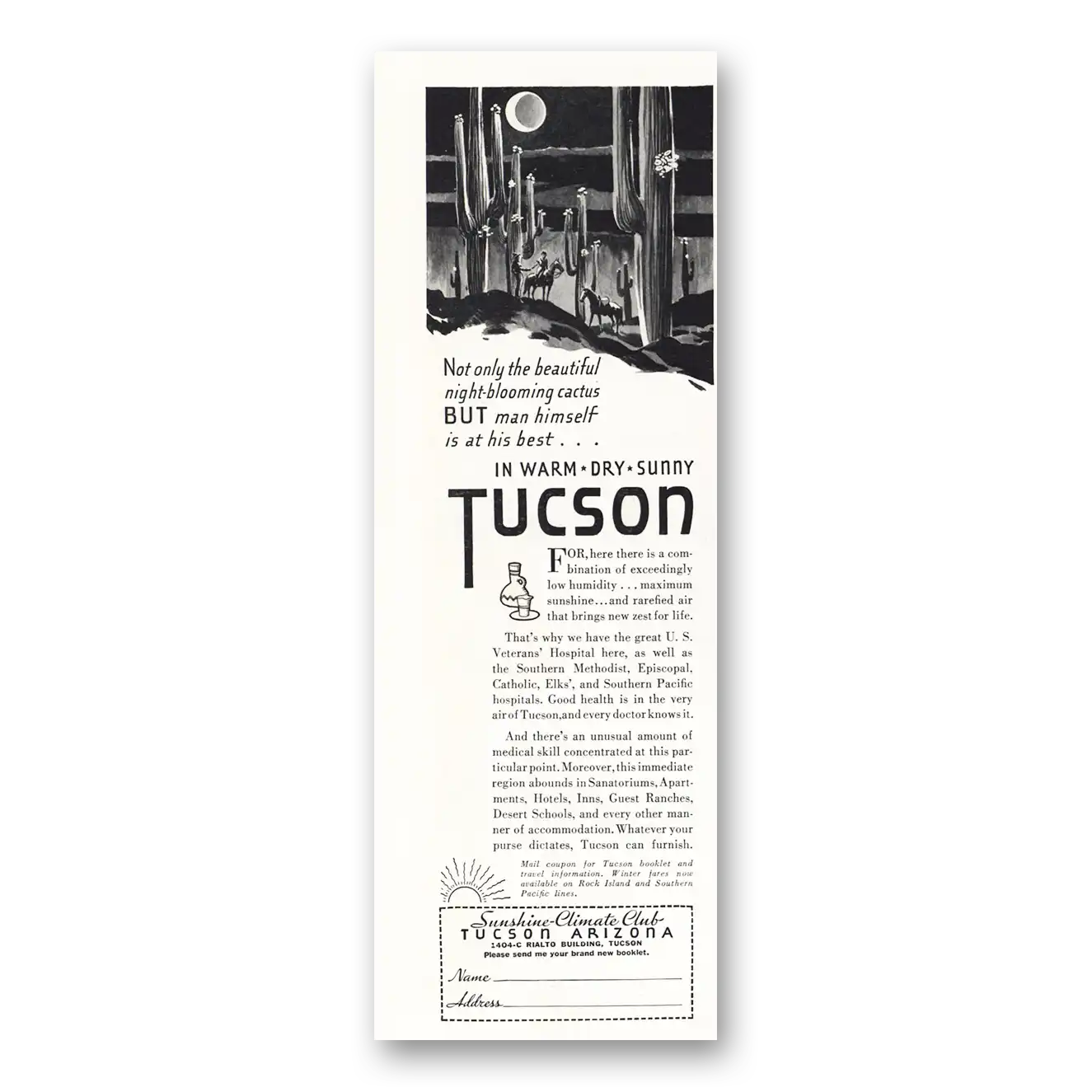 1935 Tucson Arizona Night Blooming Cactus Vintage Magazine Print Ad