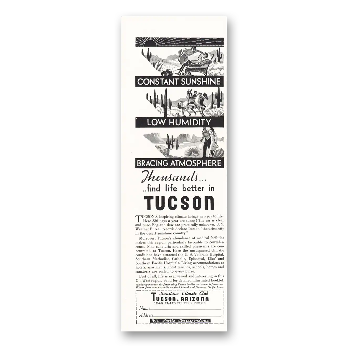 1935 Tucson Arizona Sunshine Climate Club Thousands Find Life Better Vintage Magazine Print Ad