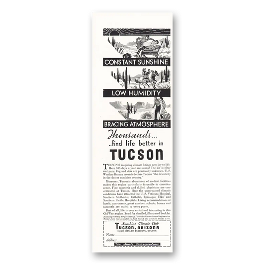 1935 Tucson Arizona Sunshine Climate Club Thousands Find Life Better Vintage Magazine Print Ad