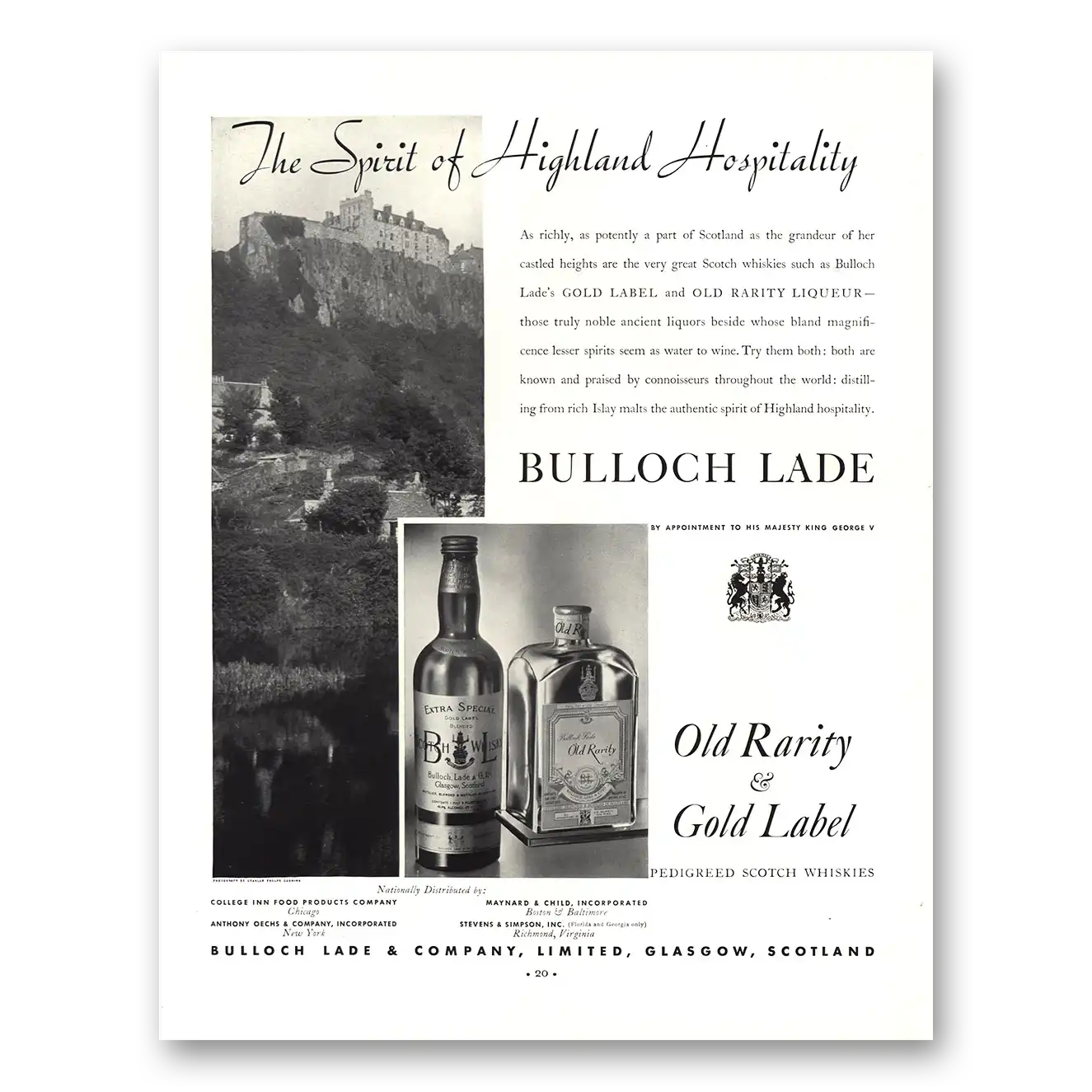 1935 Bulloch Lade Whiskies Spirit of Highland Hospitality Vintage Magazine Print Ad