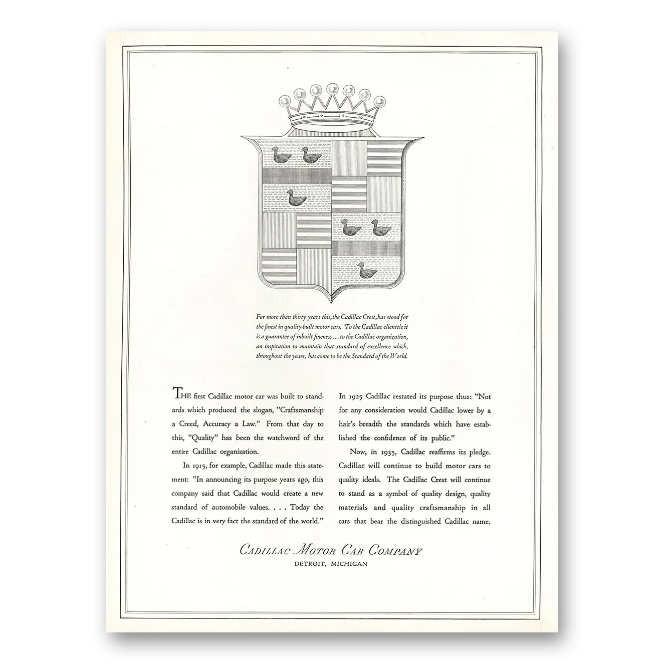 1935 Cadillac First Cadillac Motor Car Was Built Vintage Magazine Print Ad