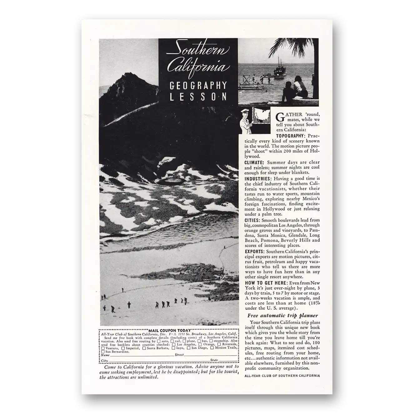 1935 Southern California Geography Lesson Vintage Magazine Print Ad