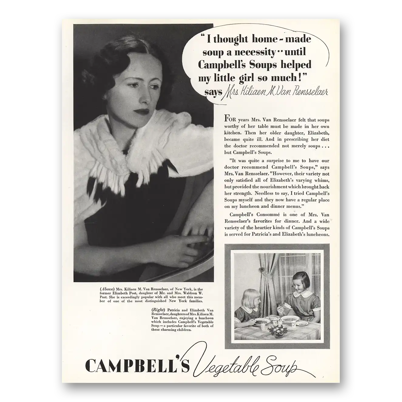 1935 Campbells Vegetable Soup I Thought Home Made Soup Necessity Vintage Magazine Print Ad