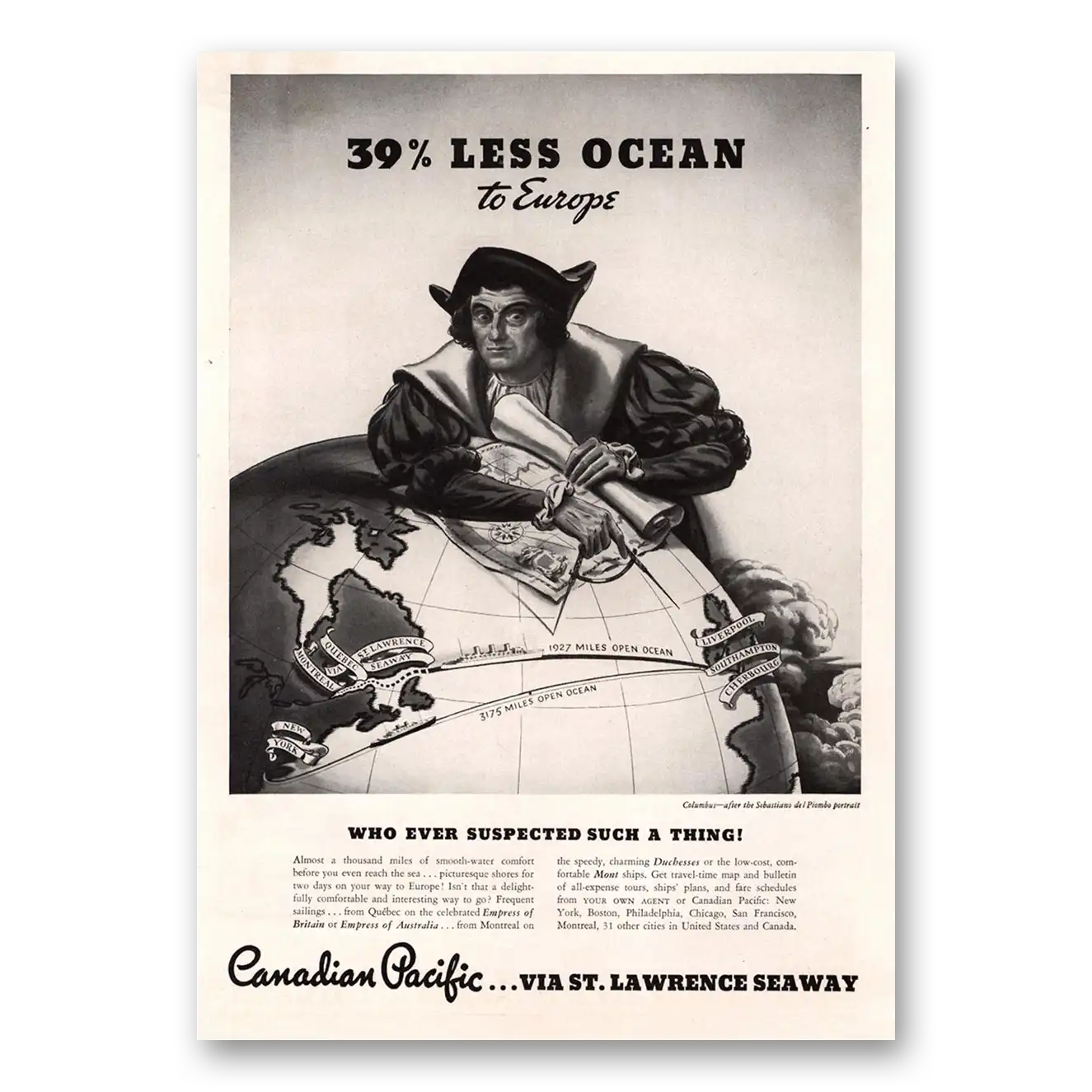 1935 Canadian Pacific Less Ocean to Europe Vintage Magazine Print Ad