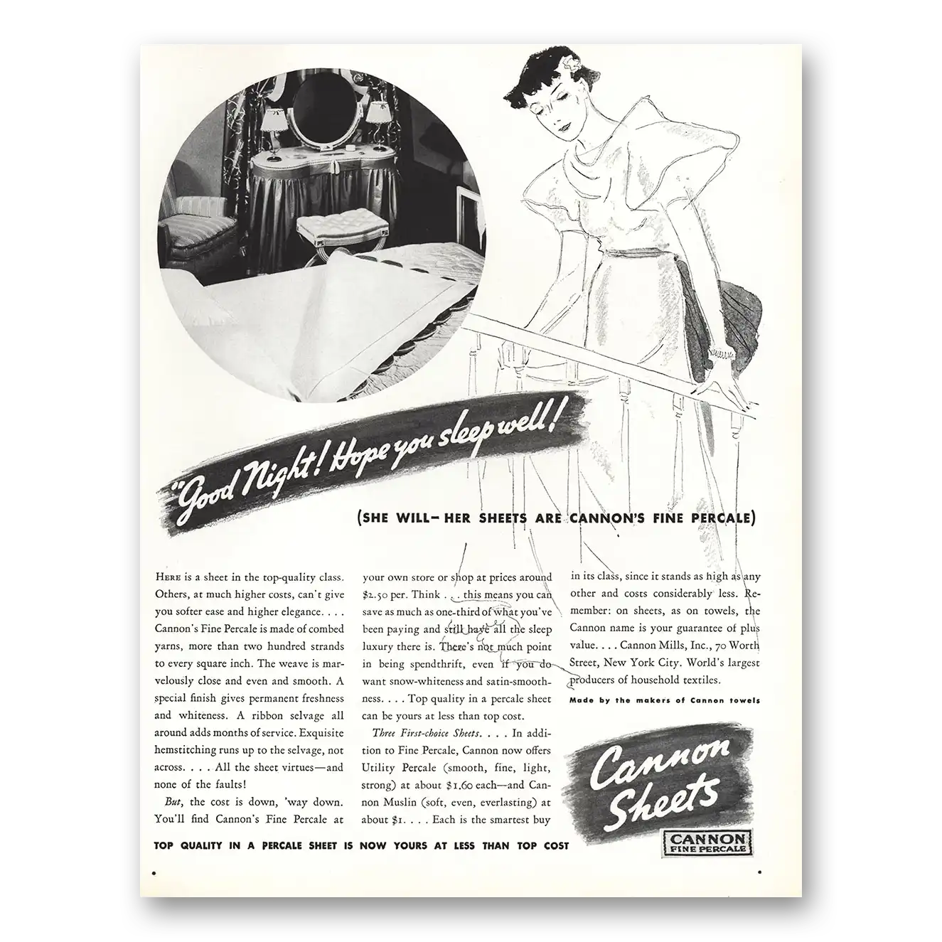 1935 Cannon Percale Sheets Good Night Hope You Sleep Well Vintage Magazine Print Ad