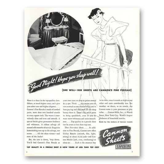 1935 Cannon Percale Sheets Good Night Hope You Sleep Well Vintage Magazine Print Ad