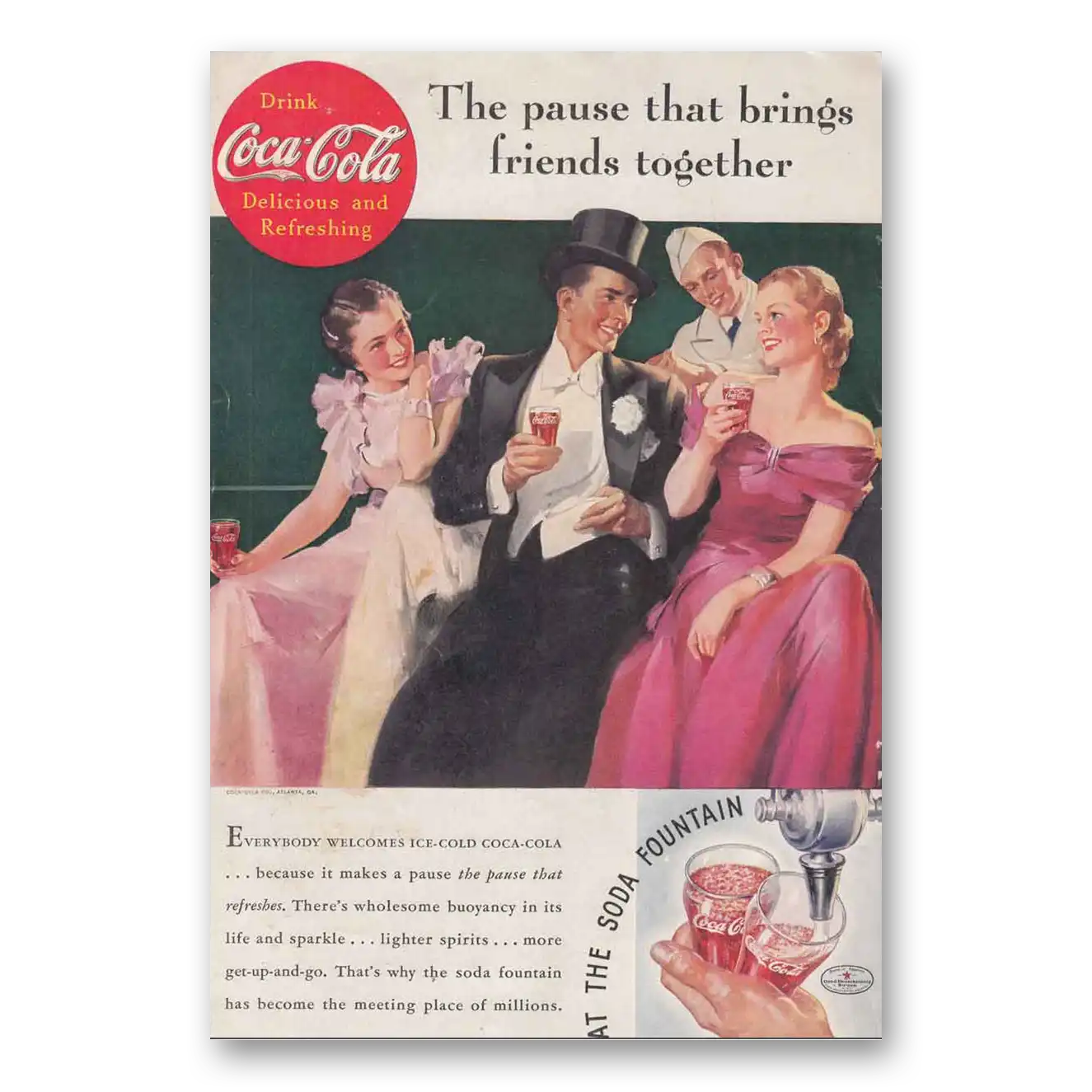 1935 Coca Cola Soda Fountain Top Hat Vintage Magazine Print Ad