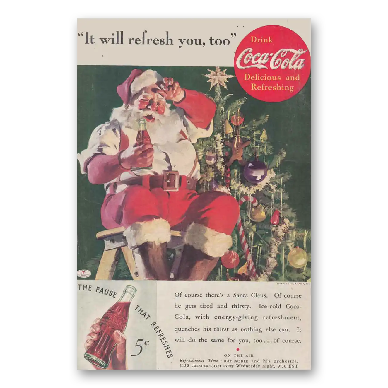 1935 Coca Cola Santa Tired and Thirsty Vintage Magazine Print Ad