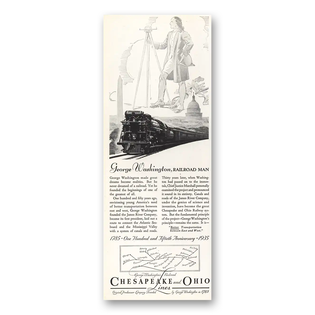 1935 Chesapeake and Ohio Lines George Washington Railroad Man Vintage Magazine Print Ad