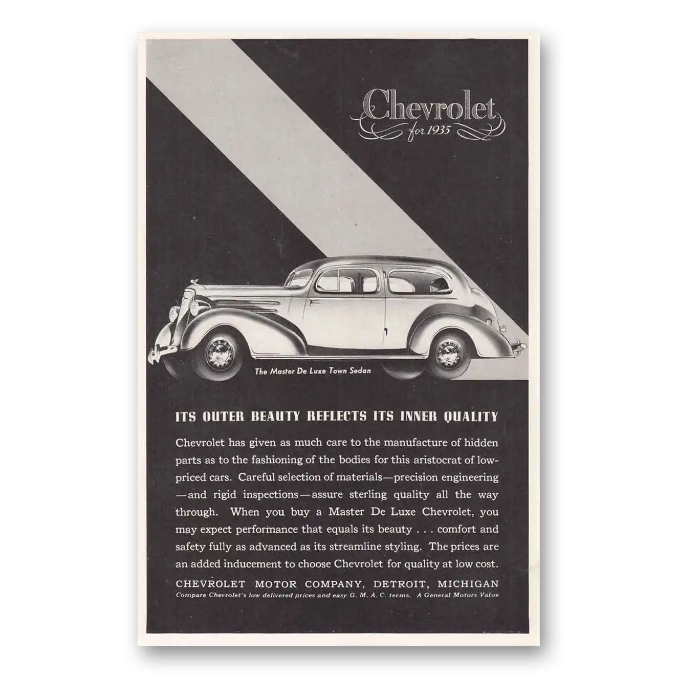 1935 Chevrolet Master De Luxe Town Sedan Outer Beauty Vintage Magazine Print Ad