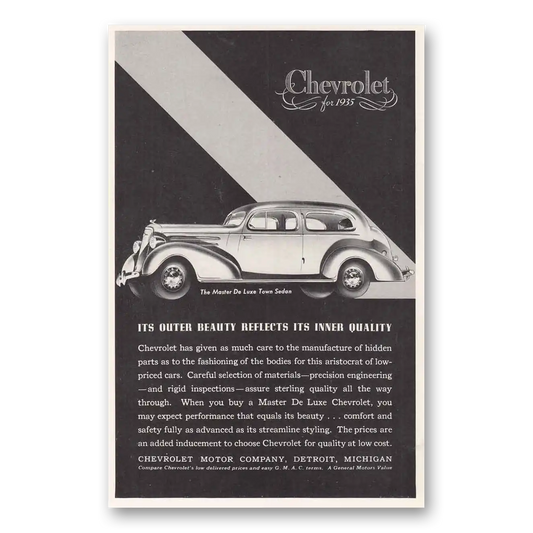 1935 Chevrolet Master De Luxe Town Sedan Outer Beauty Vintage Magazine Print Ad