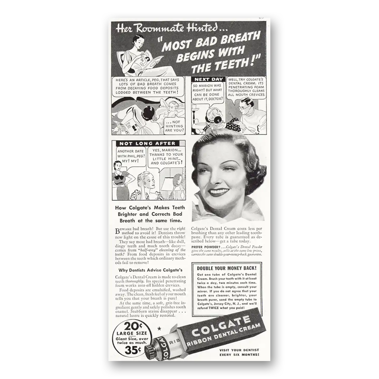 1935 Colgate Dental Cream Her Roommate Hinted Most Bad Breath Vintage Magazine Print Ad