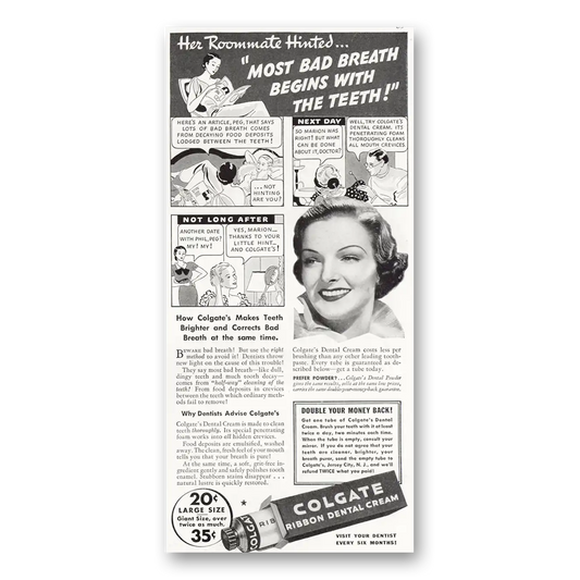 1935 Colgate Dental Cream Her Roommate Hinted Most Bad Breath Vintage Magazine Print Ad