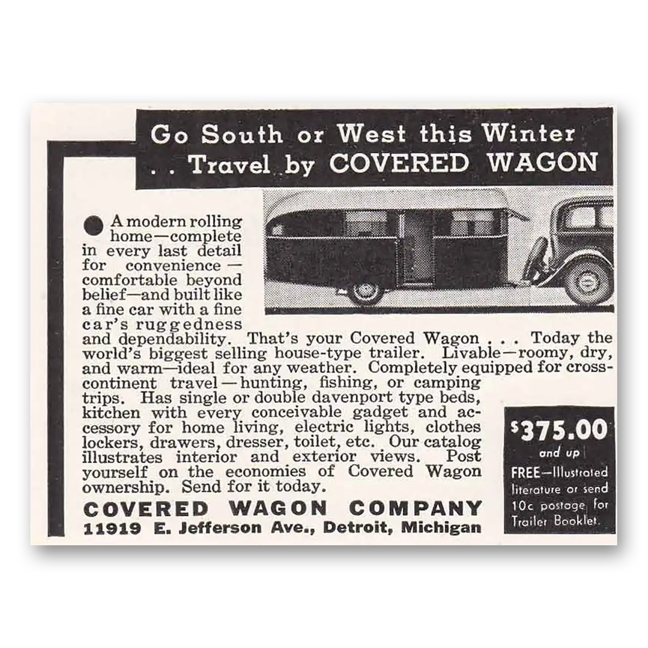 1935 Covered Wagon Go South or West Vintage Magazine Print Ad