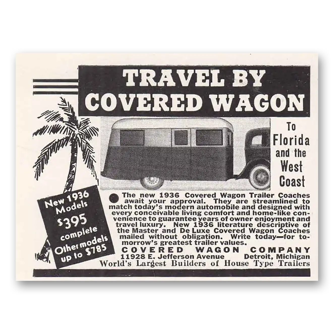 1935 Covered Wagon To Florida and the West Coast Vintage Magazine Print Ad