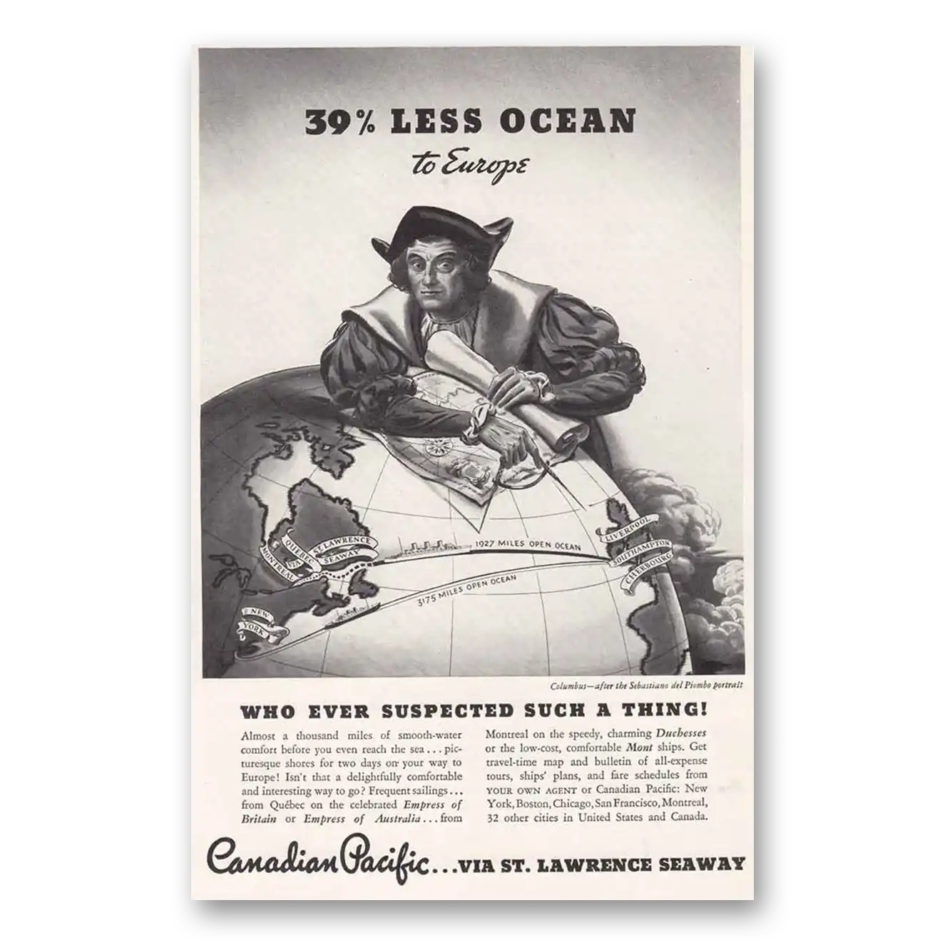 1935 Canadian Pacific Columbus Less Ocean to Europe Vintage Magazine Print Ad