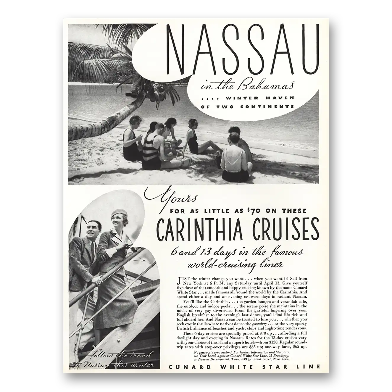 1935 Cunard Nassau Bahamas Carinthia Vintage Magazine Print Ad