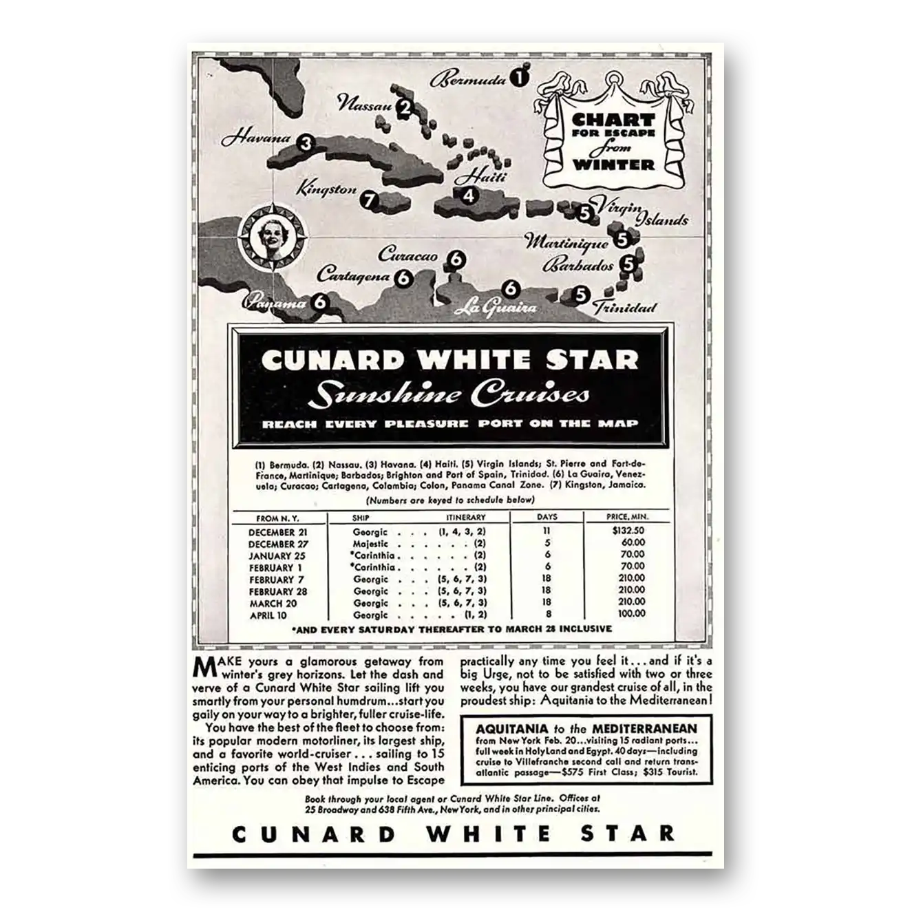 1935 White Star Line White Star Sunshine Cruises Reach Every Pleasure Port Vintage Magazine Print Ad