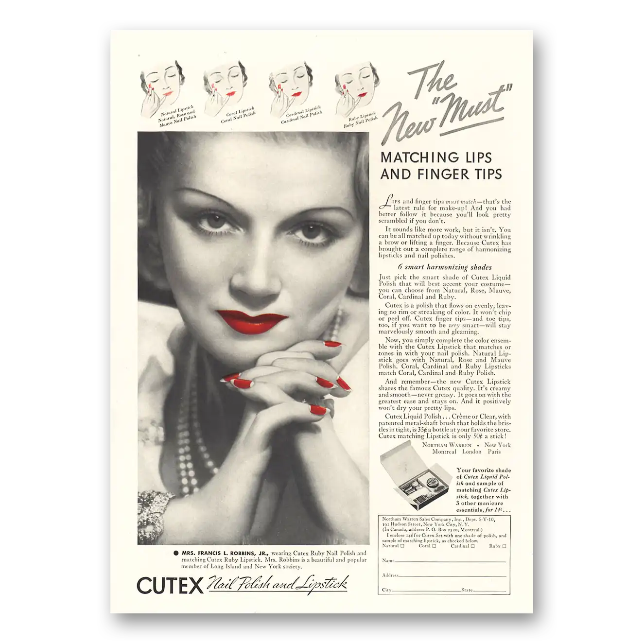 1935 Cutex Nail Polish Nail Polish and Lipstick Matching Lips and Finger Tips Vintage Magazine Print Ad