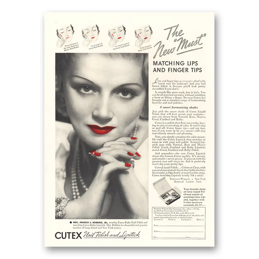 1935 Cutex Nail Polish Nail Polish and Lipstick Matching Lips and Finger Tips Vintage Magazine Print Ad