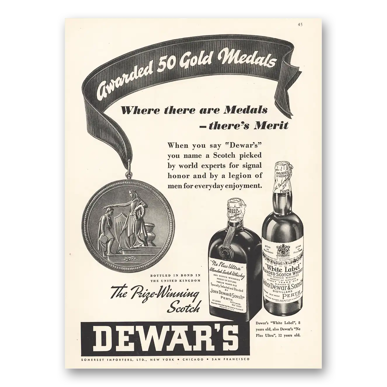 1935 Dewars White Label Awarded 50 Gold Medals Vintage Magazine Print Ad