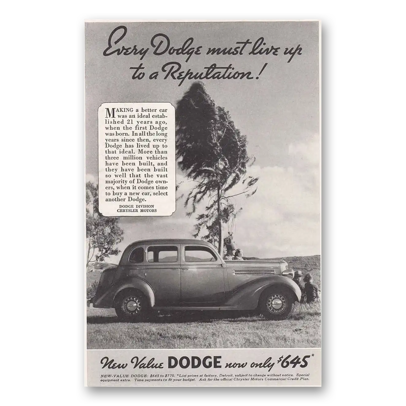 1935 Dodge Must Live Up To a Reputation Vintage Magazine Print Ad