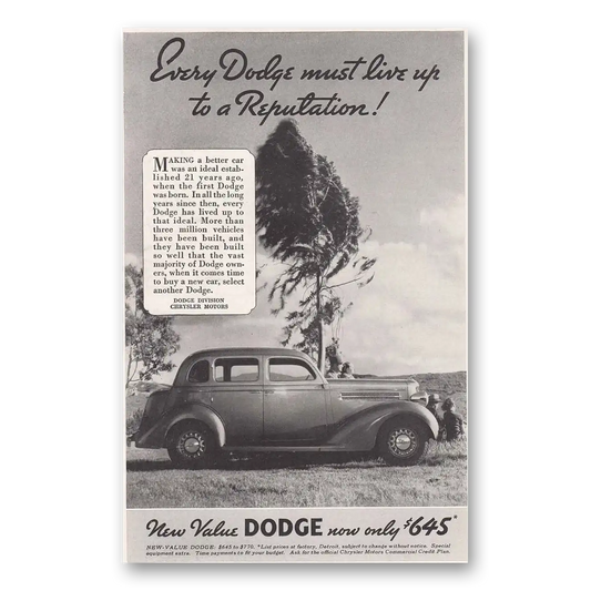 1935 Dodge Must Live Up To a Reputation Vintage Magazine Print Ad