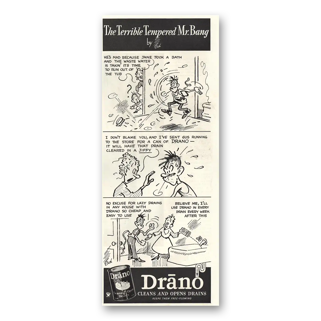 1935 Drano Terrible Tempered Mr Bang Vintage Magazine Print Ad