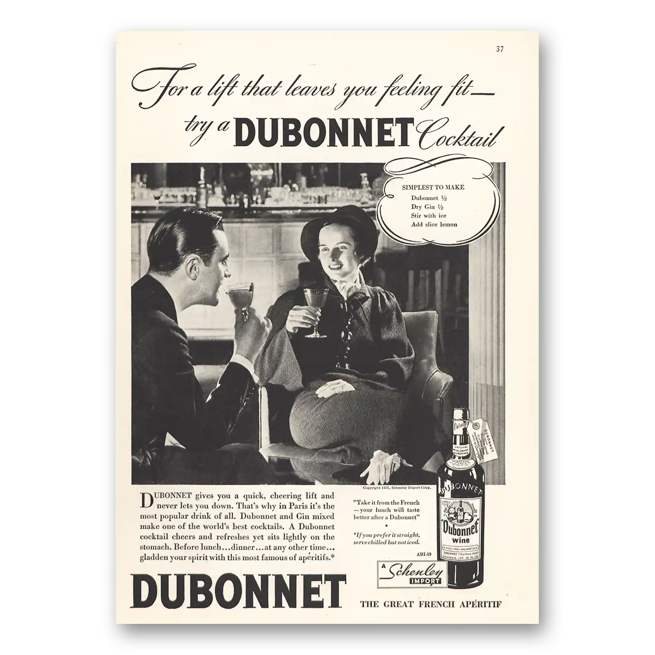 1935 Dubonnet Wine Wine Lift That Leaves You Feeling Fit Vintage Magazine Print Ad