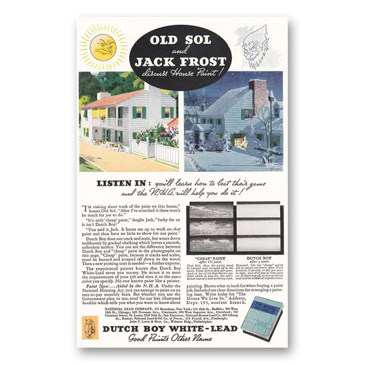 1935 Dutch Boy Paint White Lead Paint Old Sol and Jack Frost Vintage Magazine Print Ad