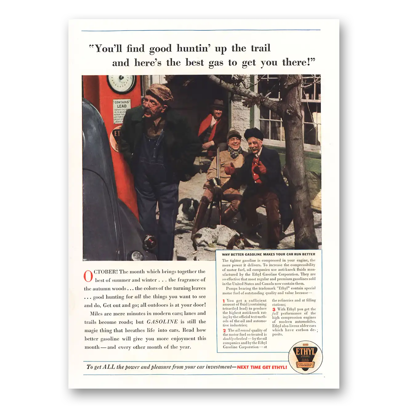 1935 Ethyl Gasoline Good Huntin Up the Trail Vintage Magazine Print Ad