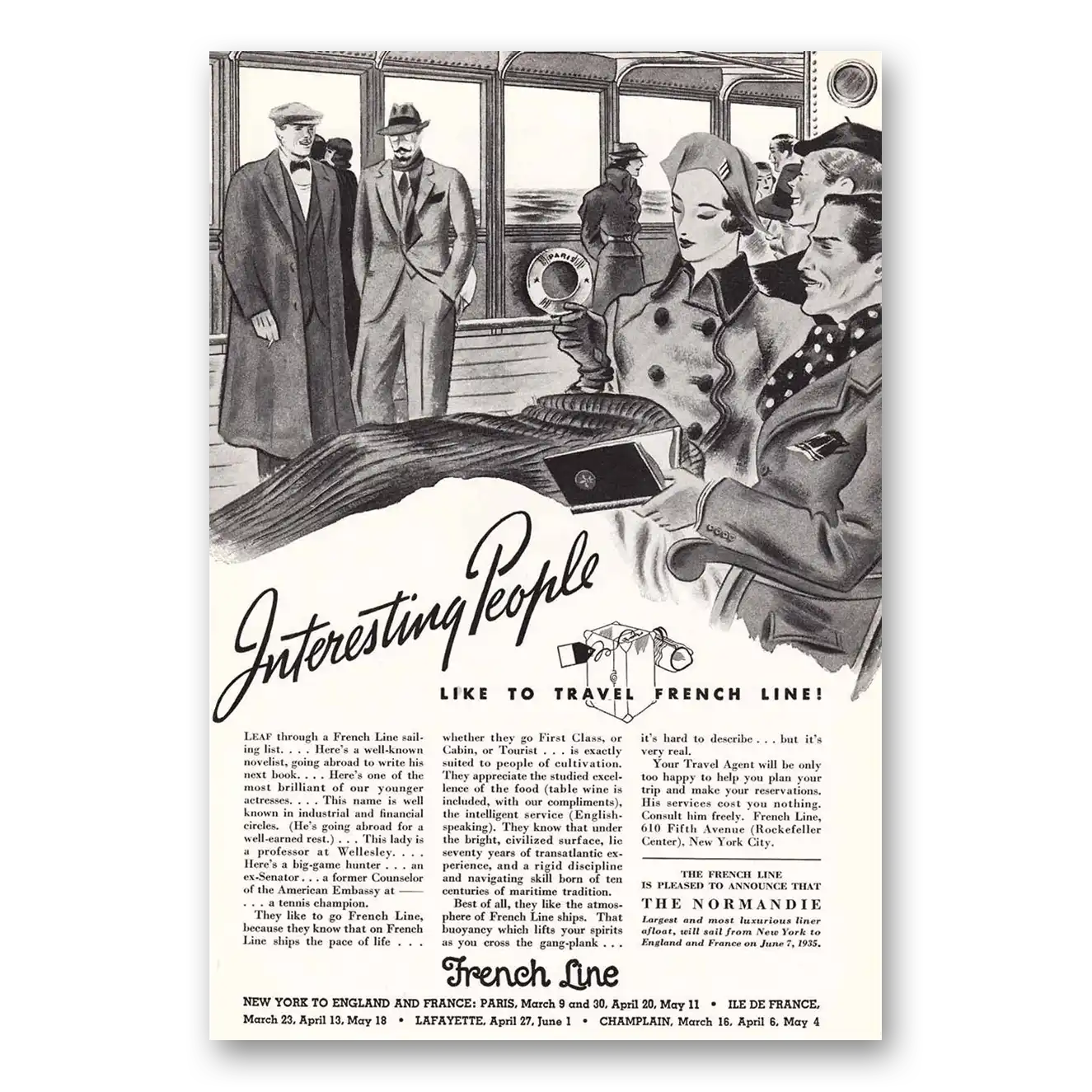 1935 French Line Interesting People Vintage Magazine Print Ad