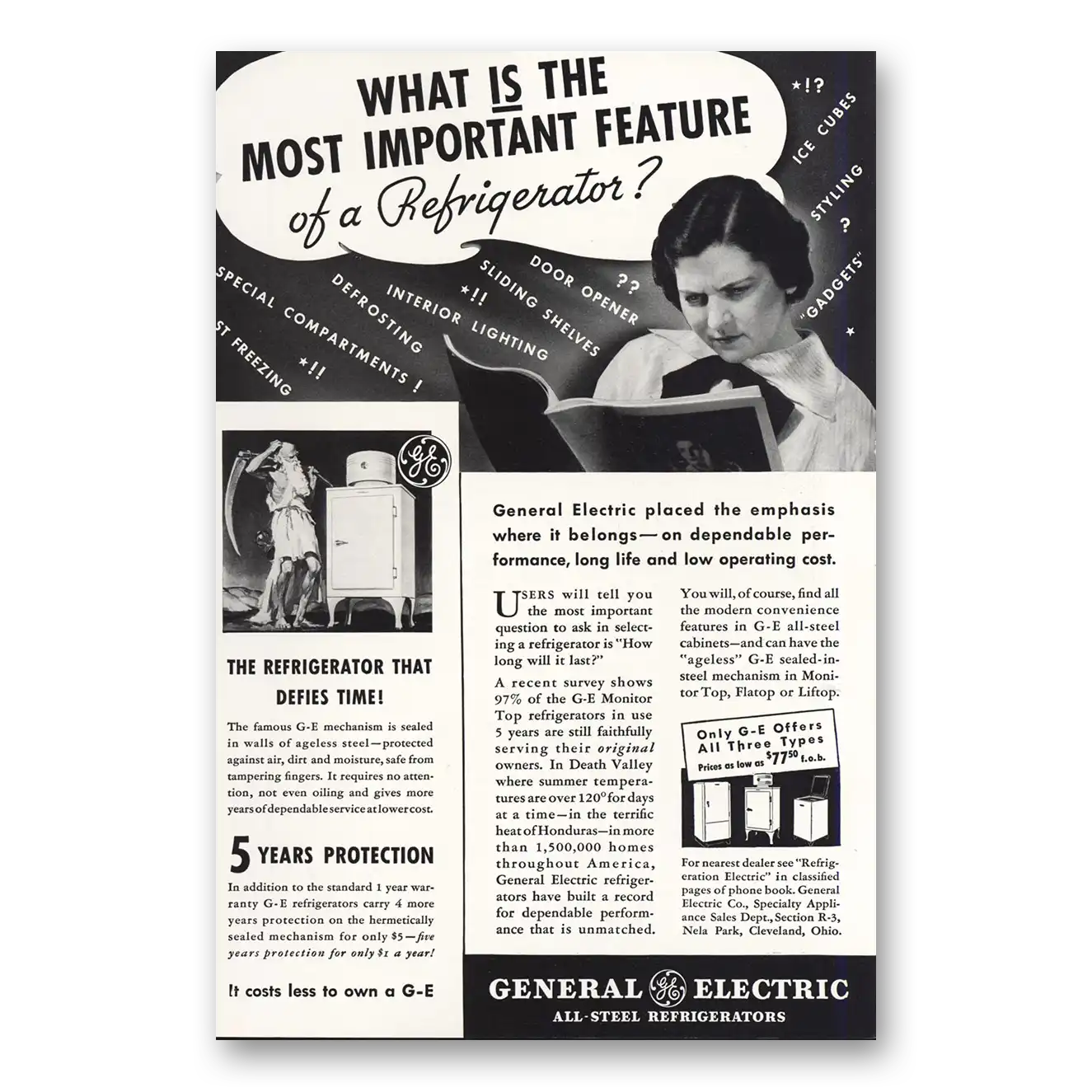 1935 General Electric Refrigerator Most Important Feature Vintage Magazine Print Ad