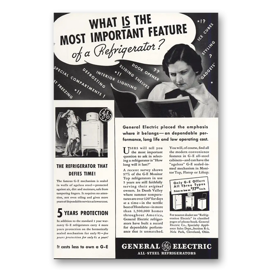 1935 General Electric Refrigerator Most Important Feature Vintage Magazine Print Ad