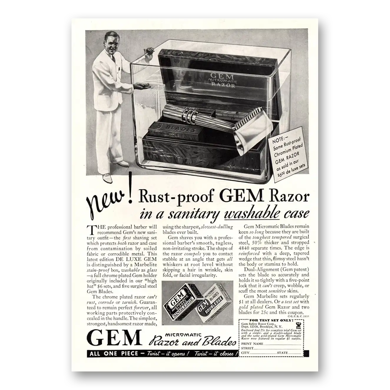 1935 Gem Razor and Blades Sanitary Washable Case Vintage Magazine Print Ad