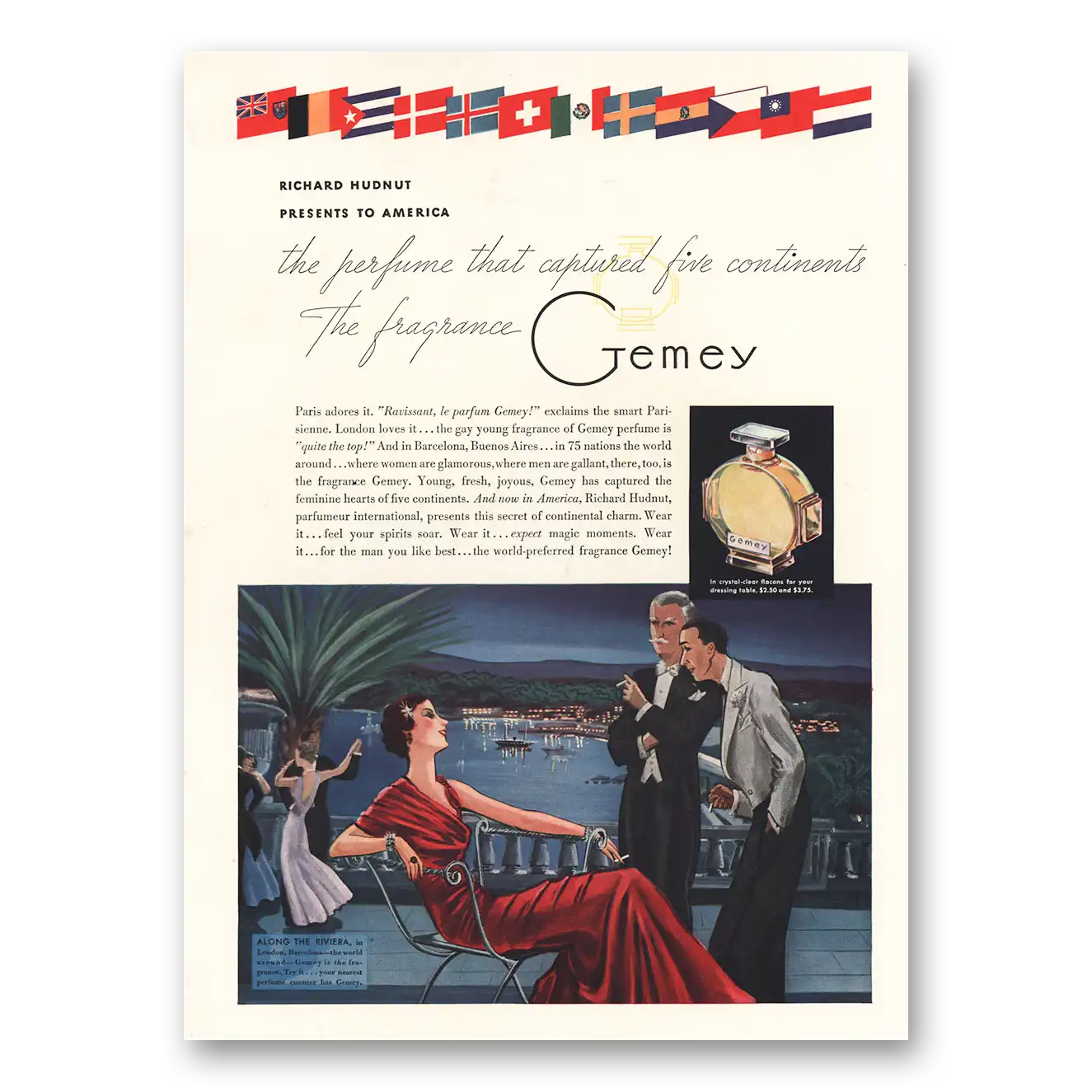 1935 Gemey Perfume Captured Five Continents Vintage Magazine Print Ad