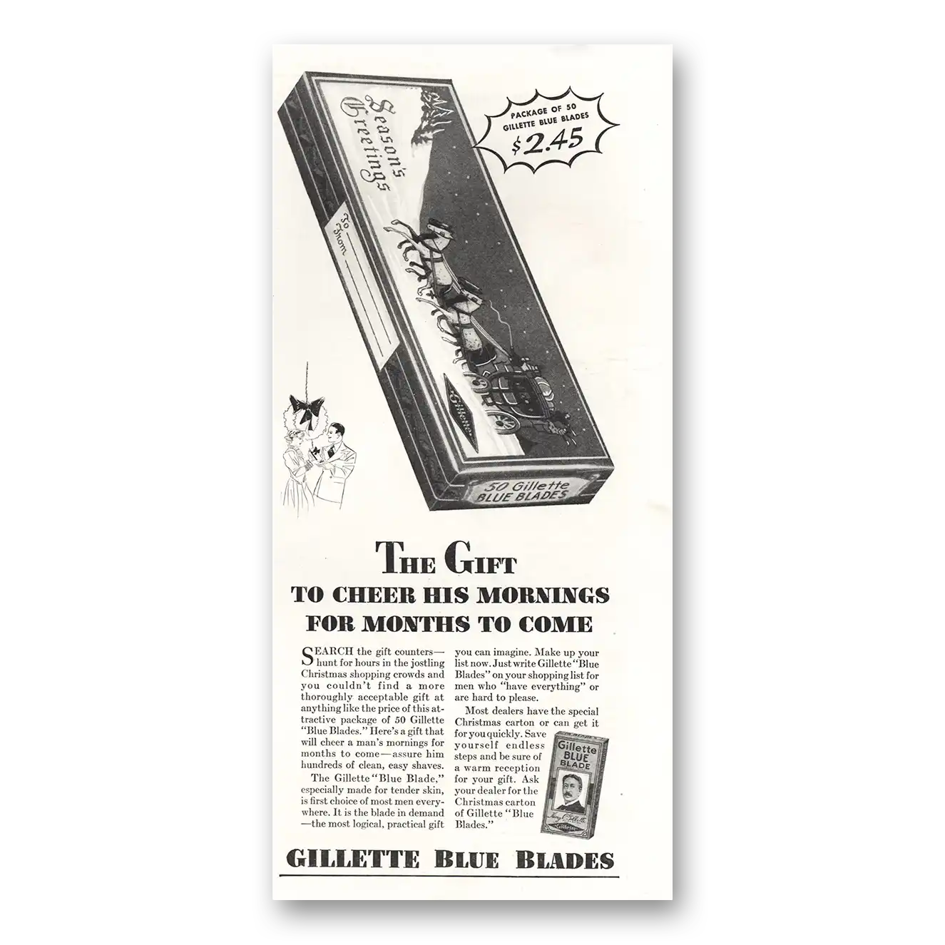 1935 Gillette Blue Blades Cheer His Mornings Vintage Magazine Print Ad