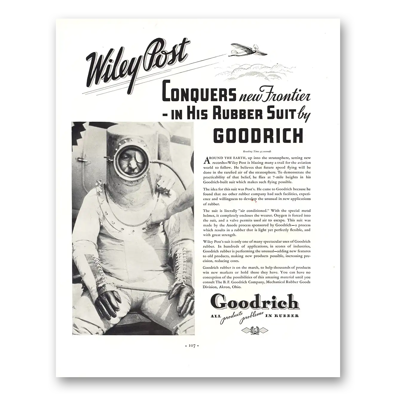 1935 B F Goodrich Wiley Post Conquers Frontier Rubber Suit Vintage Magazine Print Ad