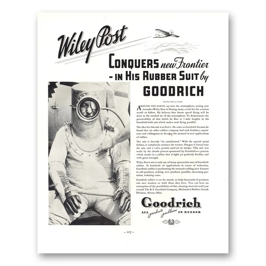 1935 B F Goodrich Wiley Post Conquers Frontier Rubber Suit Vintage Magazine Print Ad